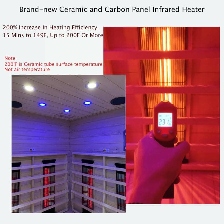 Ceramic Infrared Sauna 2-3 Person Far Infrared Saunas for Home Low EMF Indoor Home Sauna Hemlock Wooden Corner Sauna Room w/Bluetooth Speaker, LED Reading Lamp, Chromotherapy Light