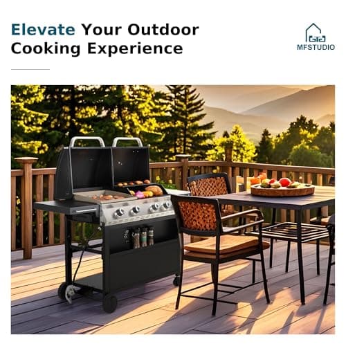 MFSTUDIO 5 Burner Propane Gas Grill and Griddle Combo with Porcelain-Enameled Cast Iron Grate and Pan, BBQ Grills with Flat Top Grddle for Outdoor Cooking, 696 SQIN Cook Area, Black