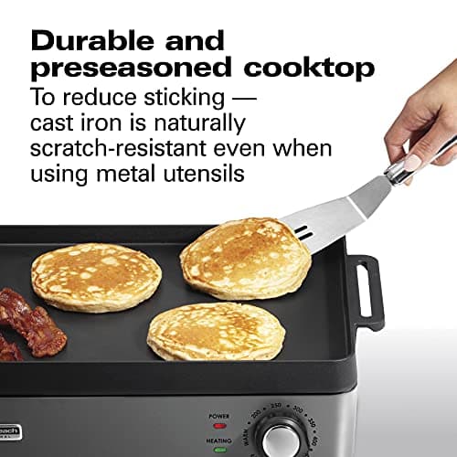 Hamilton Beach Professional Cast Iron Indoor Electric Grill & Griddle, 10" x 16" Preseasoned Cooking Surface, Adjustable Temperature up to 450° F, Black (38560)