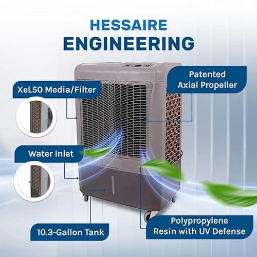 Hessaire MC37M Portable Evaporative Cooling Fan, Indoor/Outdoor High Temp Low Humidity Environments, 3100 CFM, 950 sq. ft., 3-Speed Fan, 59 dB, Gray