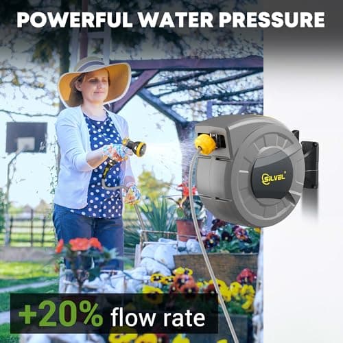 SILVEL Retractable Garden Hose Reel, 1/2 in x 110 ft Wall Mounted Garden Hose Reel, with 10 Pattern Nozzle, Any Length Lock, Slow Return System, 180°Swivel Bracket