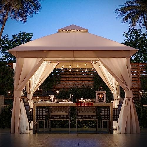 LAUSAINT HOME Outdoor Patio Gazebo with Expansion Bolts, Double Roof Soft top Gazebos Shelter Party Tent with Mosquito Nettings and Privacy Screens for Backyard, Deck, Garden, Lawn (10x10, Khaki)