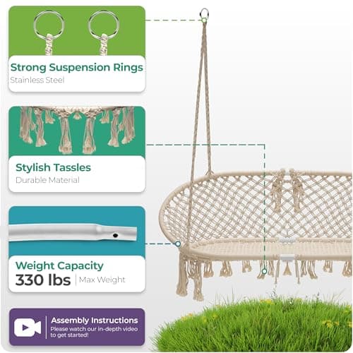 Sorbus Hammock Chair Macrame Hanging Swing Bench, Perfect for Indoor, Outdoor, Teens Girl Bedroom, Home, Room, Patio, Deck, Yard, Garden, Knitted Floating Swinging Bench, (Double Swing)