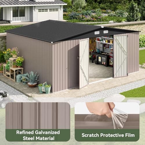 Aoxun 14x12 FT Shed Outdoor Storage Shed 800CUFT, Steel Utility Tool Shed Storage House with Door & Lock, Metal Sheds Outdoor Storage for Garden Patio Lawn Poolside, Brown