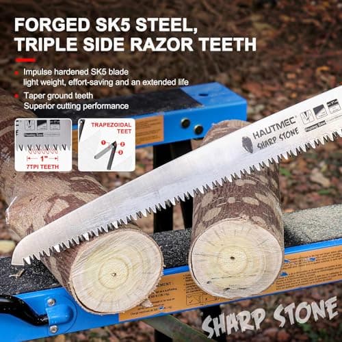 HAUTMEC 12" Pruning Hand Saw, A Pull Stroke Saw with Straight SK5 Steel Blade, Trapezoidal Teeth and Scabbard, for Pruning, Woodworking, Sharp Stone Series, HT0305