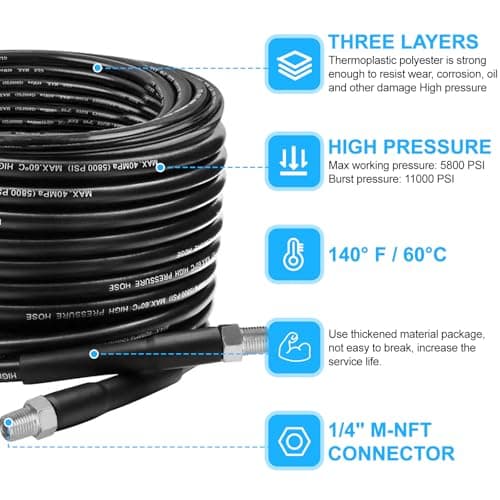Sewer Jetter Kit for Pressure Washer, 50 FT 5800 PSI Drain Cleaner Hose with Universal M22-14mm and 1/4" Connector, 2 Sewer Jetting Nozzles, High Pressure Washer Hose for Karcher Bosch