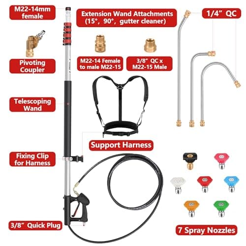 24 FT Gutter Cleaning Tools from The Ground - Telescoping Pressure Washer Wand - Gutter Cleaner Attachment with Power Washer Extension Wands, 7 Spray Nozzle Tips, 2 Hose Adapters and Support Belt