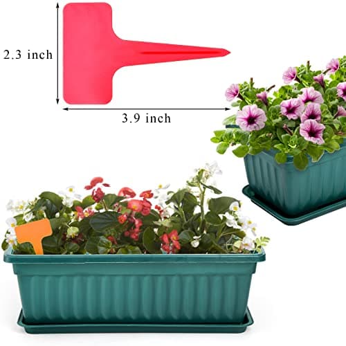 Fasmov 7 Pack 17 Inches Flower Window Box Plastic Vegetable Planters with Trays Vegetables Growing Container Garden Flower Plant Pot with 7 Pcs Plant Labels for Balcony, Patio, Garden, Green
