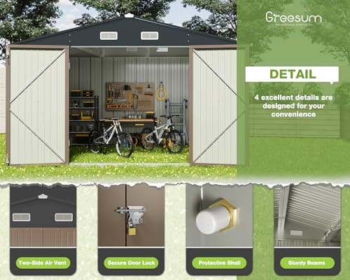 Greesum Outdoor Storage Shed 10 x 8 ft. Utility Tool Shed Metal Storage Garden Shed with Door & Lock for Patio Storage, Brown