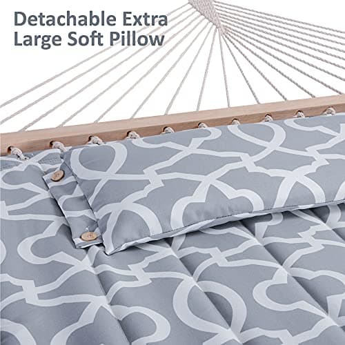 SUNCREAT 55 Inch Extra Large Double Hammock with Stand, 475lbs Capacity, Outdoor Portable Hammock with Hardwood Spreader Bar, Extra Large Pillow, Grey