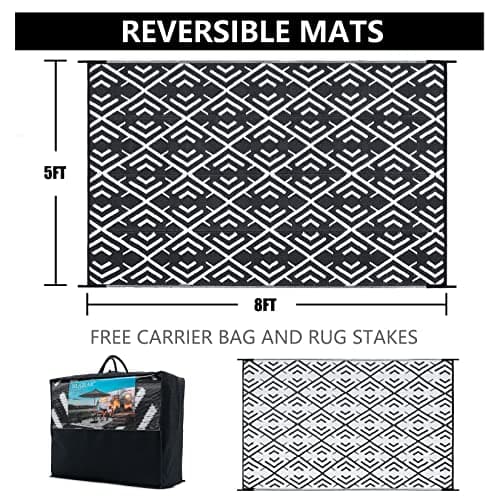Outdoor Rug Mats, Large Waterproof Outdoor Area Rug, Reversible Portable Outdoor Plastic Straw Carpet for RV Deck Camping Front Door Indoor Outside Porch Picnic (5x8ft Geometric Black&White)