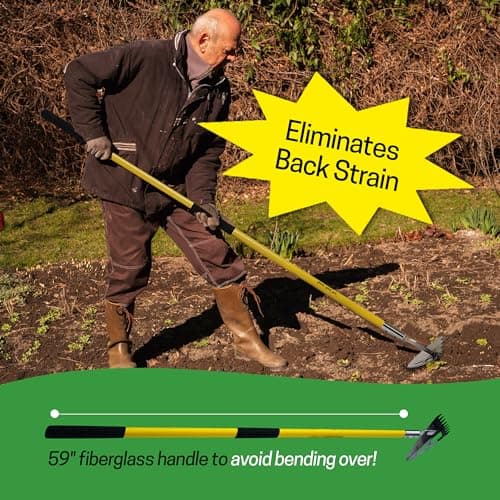 Spear Head Hoe Garden Tool - Long Handle Hoe with 59" Fiberglass Handle, 2 Cushioned Grips, & Stainless Steel Blade with Sharpened Edges & Rake - Multipurpose Garden Tool for Weeding & More (Yellow)