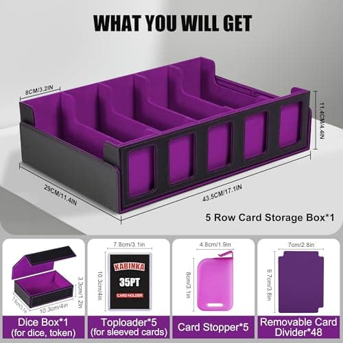 Trading Card Storage Box with Commander Display , 5-Row Deck Case with Removable Lid; 3900+ Card Deck Box for MTG TCG Sports Card, 5 Toploaders, 5 Stoppers, 48 Dividers,1 Dice Tray (Black Purple)