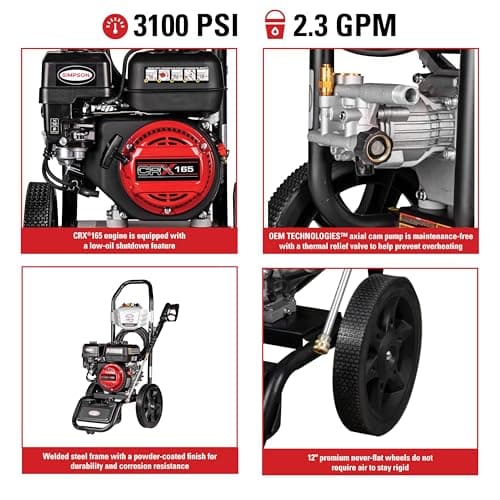 SIMPSON Cleaning MS61222-S MegaShot 3100 PSI Gas Pressure Washer, 2.3 GPM, CRX165 Engine, Includes Spray Gun, Extension Wand, On-Board Soap Tank, 4 QC Nozzles, 25-ft. Hyflex Hose, 49-State