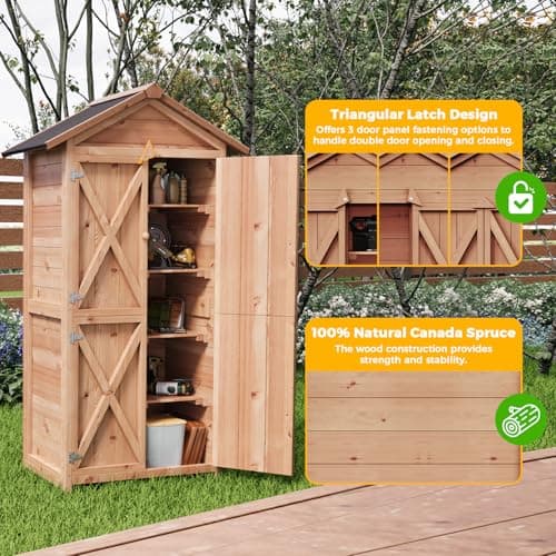 66" Outdoor Storage Shed with Double Doors, Large Wooden Capacity Storage Tool Cabinet Box with Waterproof Roof, Garden Wood Tool Shed for Yard Deck Lawn Farmland (Cherry)