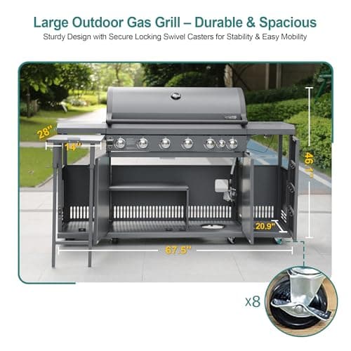 Brand-Man 6 Burner Gas Outdoor Kitchen Island Grill - 72,000 BTU Stainless Steel BBQ Grill Station with Side Burner, Storage Cabinets, Fold-out Prep Table, LPG/NG Convertible, Gray