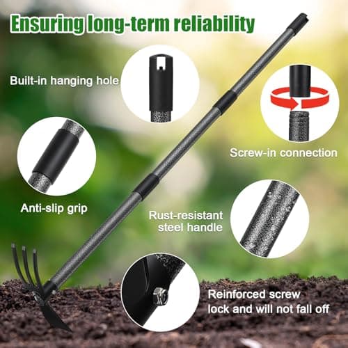 2-in-1 Garden Hoe Tool with Cultivator Rake, 45" Long Handle Small weed Hoe for Weeding, Heavy Duty hand tiller Gardening Hoes for Raised Beds, Backyards,Indoor Greenhouse, Outdoor Planting