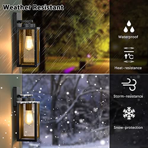 Outdoor Wall Light Fixtures, Exterior Waterproof Lanterns, Porch Sconces Wall Mounted Lighting with E26 Sockets & Glass Shades, Modern Matte Black Wall Lamps for Patio Front Door Entryway, 2-Pack
