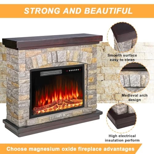BOSSIN 36" Electric Fireplace with Mantel, 23 inch Electric Fireplace Insert, TV Stand Freestanding Heater with Remote Control Timer LED Flame for Living Room Bedroom,Faux Stone Gray