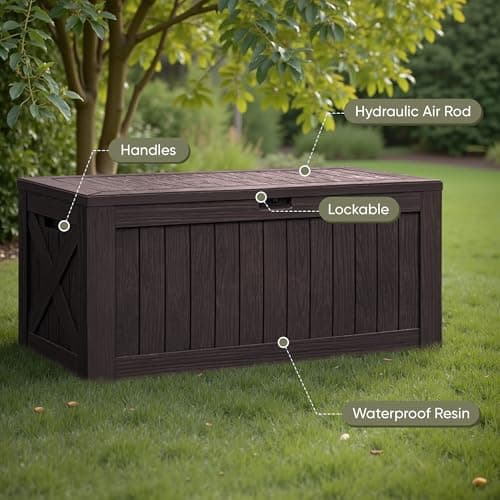 Flamaker Resin Deck Box 120 Gallon Waterproof Large Deck Boxes Plus Outdoor Indoor Storage Box Imitation Wood Resin for Patio Furniture Garden Tools and Pool (Deep Brown)