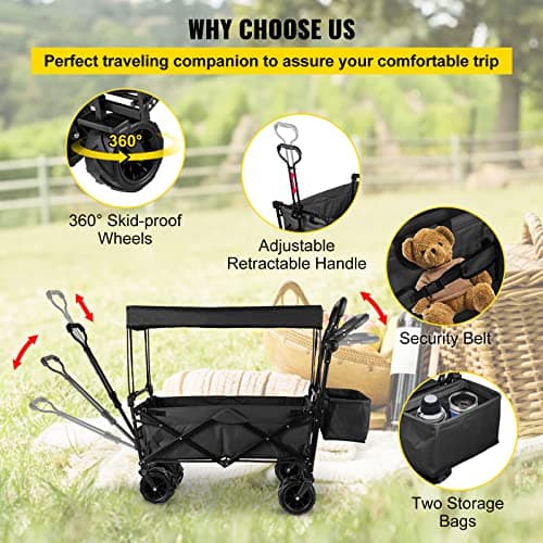 Happbuy Extra Large Collapsible Garden Cart with Removable Canopy, Folding Wagon Utility Carts with Wheels and Rear Storage, Wagon Cart for Garden, Camping, Grocery Cart, Shopping Cart, Black