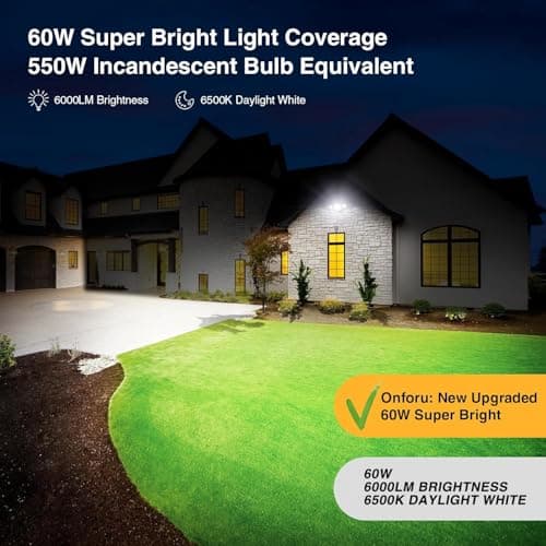 Onforu 60W LED Dusk to Dawn Outdoor Lighting, 6000LM Exterior Flood Light, IP65 Waterproof Outdoor 3 Adjustable Heads Photocell Security Lights Fixture, 6500K Floodlights for Garage, Patio, Yard