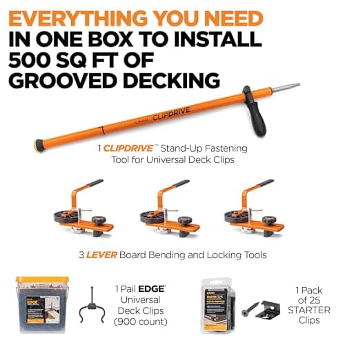 Camo Deck in a Box Hidden Deck Fastener Kit for Composite Decking, 500 sq ft Coverage, 900 hidden fasteners, 3 board benders, and one Stand-Up fastening tool.