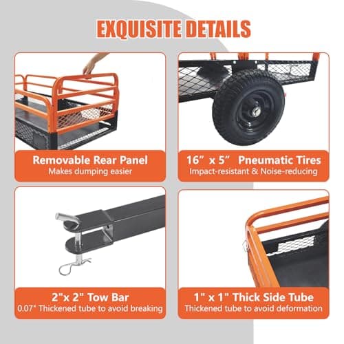 ATV Trailer Steel Dump Cart, 1500 Pounds 15 Cubic Feet Utility Trailer Yard Garden Trailer with Heavy Duty Tow Behind Carts and Removable Sides for Tractors, ATV, UTV, Lawn Mowers