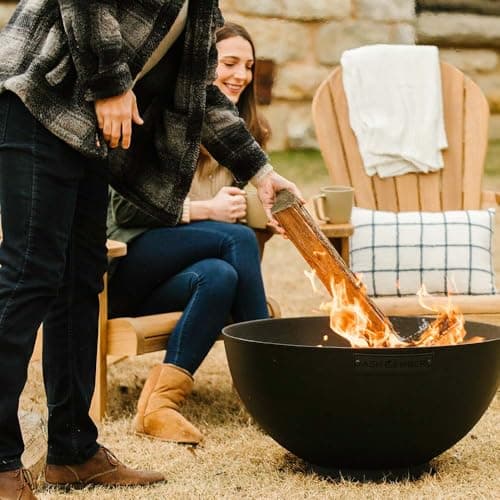 Ash & Ember 29" Hemisphere Fire Pit, Wood Burning Backyard Fireplace, Round Flat Flanged Base, Cast Iron High-Temp Black Paint Fire Bowl, Portable Outdoor Firepit
