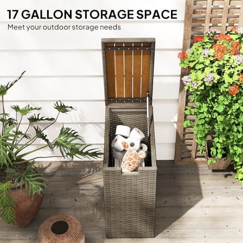 Outsunny 17 Gallon Wicker Small Deck Box, PE Rattan Outdoor Storage Box with Slatted Acacia Wood Flip Top for Indoor, Patio Furniture Cushions, Pool Supplies, Garden Tools, UV Resistant, Teak