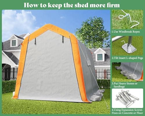 AMERLIFE 6x8x6.6 FT Heavy Duty Portable Shed Storage Shelter, Outdoor Storage Shed with 2 Waterproof Windows & Roll-up Zipper Door, Carport for Motorcycle, Bike, Grey