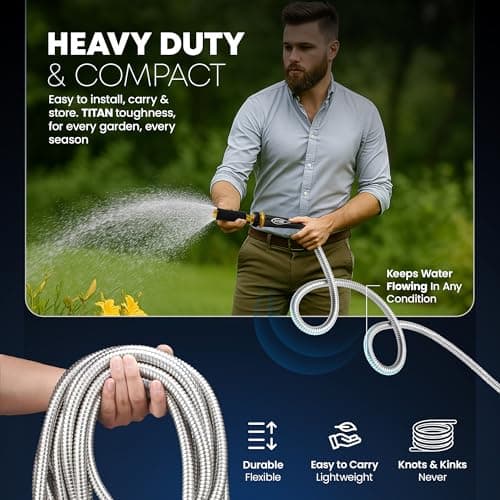 TITAN Garden Hose 25FT - 304 Stainless Steel Metal Water Hose, Flexible, Kink-Free, Lightweight, Durable, Crush Resistant Fittings, Easy to Coil, 500 PSI