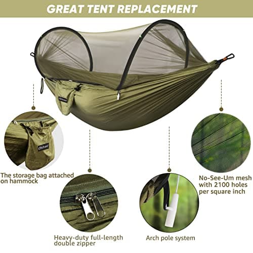 Chihee Ultra-Light Travel Camping Hammock Pop-up Net Hammock 660lbs Load Capacity,Breathable,Quick-Drying Parachute Nylon 2 Premium Carabiners,2 Tree Slings Included for Outdoor Backpacking Hiking