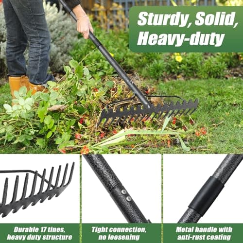 Garden Rake, 5FT Bow Rake Heavy Duty Leveling Rake with Adjustable Handle, 17 Tines Wide Head Metal Thatch Rake for Gardening Leaves Lawn Yard Mulch Rake