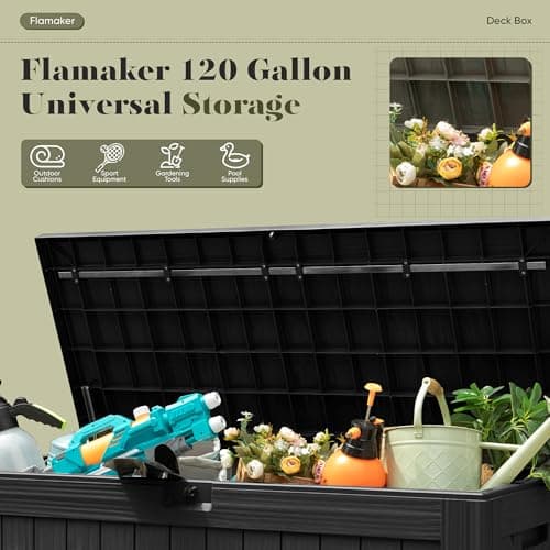 Flamaker Resin Deck Box 120 Gallon Waterproof Large Deck Boxes Plus Outdoor Indoor Storage Box Imitation Wood Resin for Patio Furniture Garden Tools and Pool (Black)