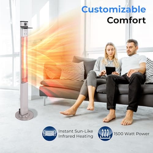 SereneLife Infrared Patio Heater, 1500W Electric Standing with Remote Control, IP44 Approved, Odorless, Three Power Settings, Indoor/Outdoor for Restaurant, Backyard, Garage, Decks