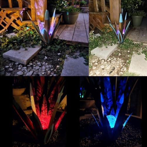 2pcs Tequila Sculpture Metal Agave Plant Home Decor Rustic Hand Painted Figurines Yard Decorations Lawn Ornaments（Multi-Color LED Solar Light ）