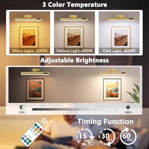Hapfish Motion Sensor Battery Operated Wall Sconce, Wireless Picture Lights for Wall, Rechargeable Magnetic Art Lighting with Remote Control, Battery Picture Light for Poster Dartboard Mirror – Gold