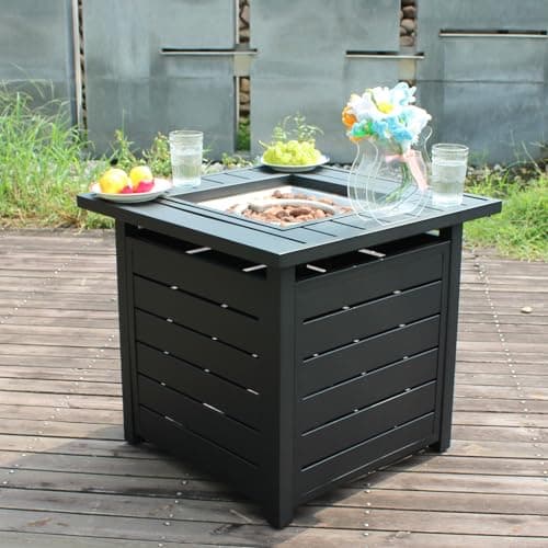 28 inch Propane Fire Pit Table, Outdoor Gas Fire Pits with Lid & Lava Rock, 50000 BTU Firepit for Dinning, Party in Outside, Patio, Garden or Yard (Black)