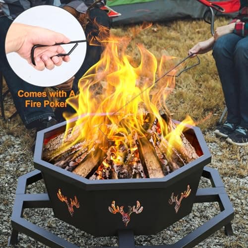 BOINN 35 Inch Fire Pit, Wood Burning Fire Pit for Outside, Heavy Duty Octagonal Firepit with Poker for Camping Backyard Patio Black