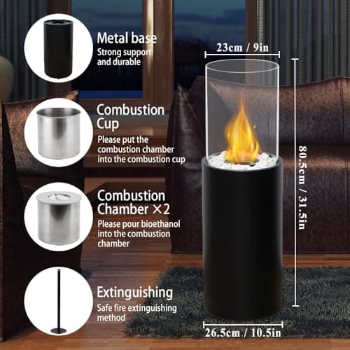 Large Standing Clean Burning Bio Ethanol Ventless Fireplace 31.5" H Freestanding Fire Bowl Pot with with 2 Combustion Chambers for Indoor Outdoor Patio(Black)