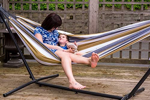 Vivere Double Cotton Hammock with Space Saving Steel Stand, Upgraded Polyester End Strings 450 lb Capacity - Premium Carry Bag Included - USA Grown Cotton (Desert Moon)