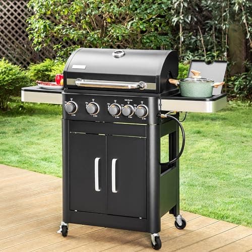 2 in 1 Propane Gas BBQ Grill with Side Burner & Porcelain-Enameled Cast Iron Grate, 4-Burner Flat Top Grill, 46,700 BTU Outdoor Barbecue Propane Griddle Grill Combo for Camping, Patio, Backyard