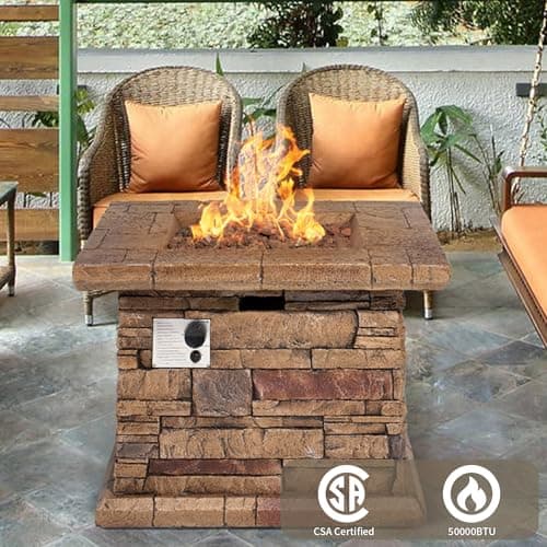 HOMPUS Outdoor Propane Fire Pit Table 32-inch Imitation Stone Square Concrete Propane Fire Pit with Lava Rocks and Rain Cover 50,000 BTU Gas Smokeless Fire Pits for Outside Patio,Garden, CSA Certified