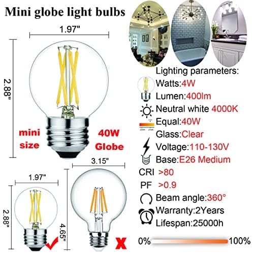 LiteHistory E26 LED Bulb 4W Equal E26 Edison Bulb 40 Watt Neutral White 4000K E26 Bulb Dimmable AC120V 400lm G16.5 Light Bulb led for Rustic Sputnik,Chandeliers,Vanity,Wall sconces Pack of 6