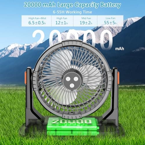 GHORA Portable Misting Fan with 9L Water Tank, 20000mAh Rechargeable Battery Camping Fan, Outdoor Cooling Fans for Patios with Remote & LED, 4 Speeds, 4 Spray Mister Modes, for Home, Outside