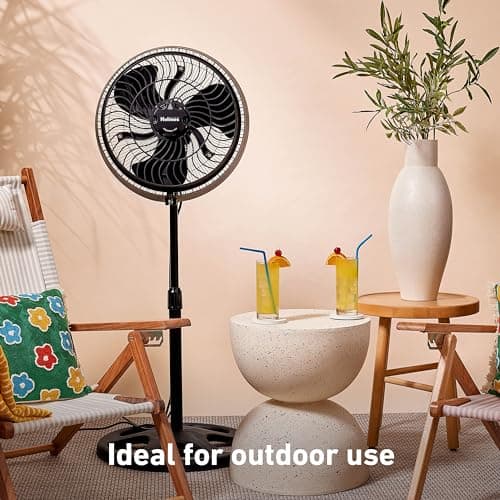 HOLMES 16" Outdoor Misting Stand Fan, Hose Connection, 3 Speeds, 3 Micro-Mist Levels, 80° Oscillation, Adjustable Height, 25° Head Tilt, GFCI Plug, Black