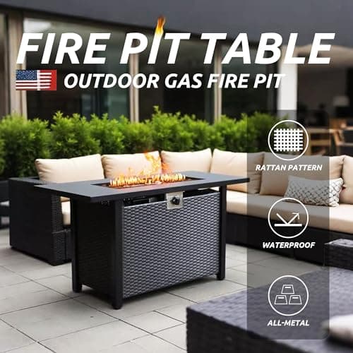 Propane Fire Pit Table,Out Door Fire Pits & Fireplaces,Gas Fire Pit with Lid and Lava Rock.Square Black Fire Pit Table on Patio Deck & Garden Backyard. (Raven‌ Black, 43-inch)