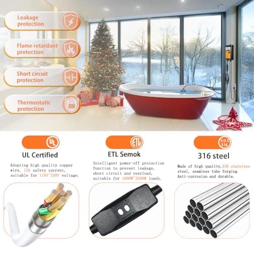 1300W 110-120V Submersible Immersion Water Heater - Portable Bucket Heater for Hot Tubs/Bathtubs/Small Pools, 316SS GFCI Leakage Protection Plug Water Heater with Adjustable Temp & Rustproof