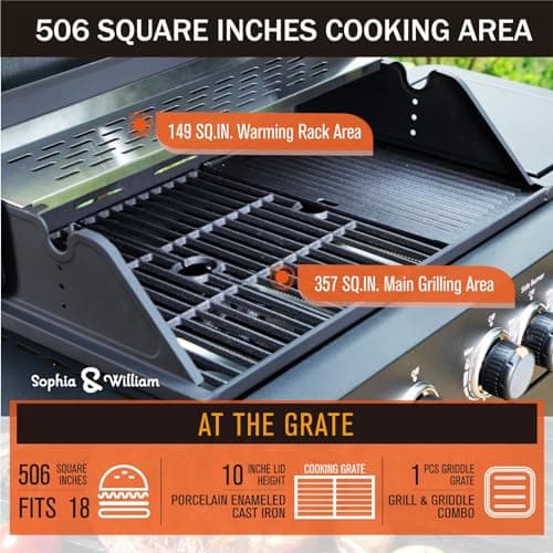 Sophia & William 4-Burner Gas BBQ Grill with Side Burner & Porcelain-Enameled Cast Iron Grates, Outdoor Cooking Propane Grills Cabinet Style Garden Barbecue Grill, 46,700BTU, Black